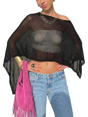 Women's Black Sheer Poncho Top Knit Crochet Lightweight See Through Shawl